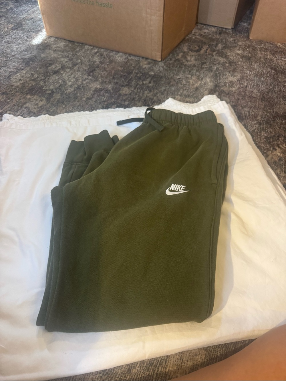 Nike mens cuffed Olive Green Fleece Joggers with White Swoosh